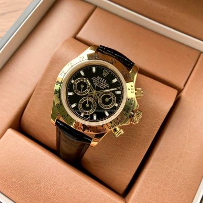 Rolex Daytona 904L Steel 40mm Six Hands Chronograph Leather Band Gold/Black/Brown Face Watch